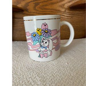 Vintage J.I.I. 1994 Rabbit Bunny Mug with Gold Trim Pastel Flowers